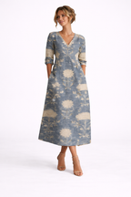 NOVA | Robe midi florale – Col en V manches longues élégante