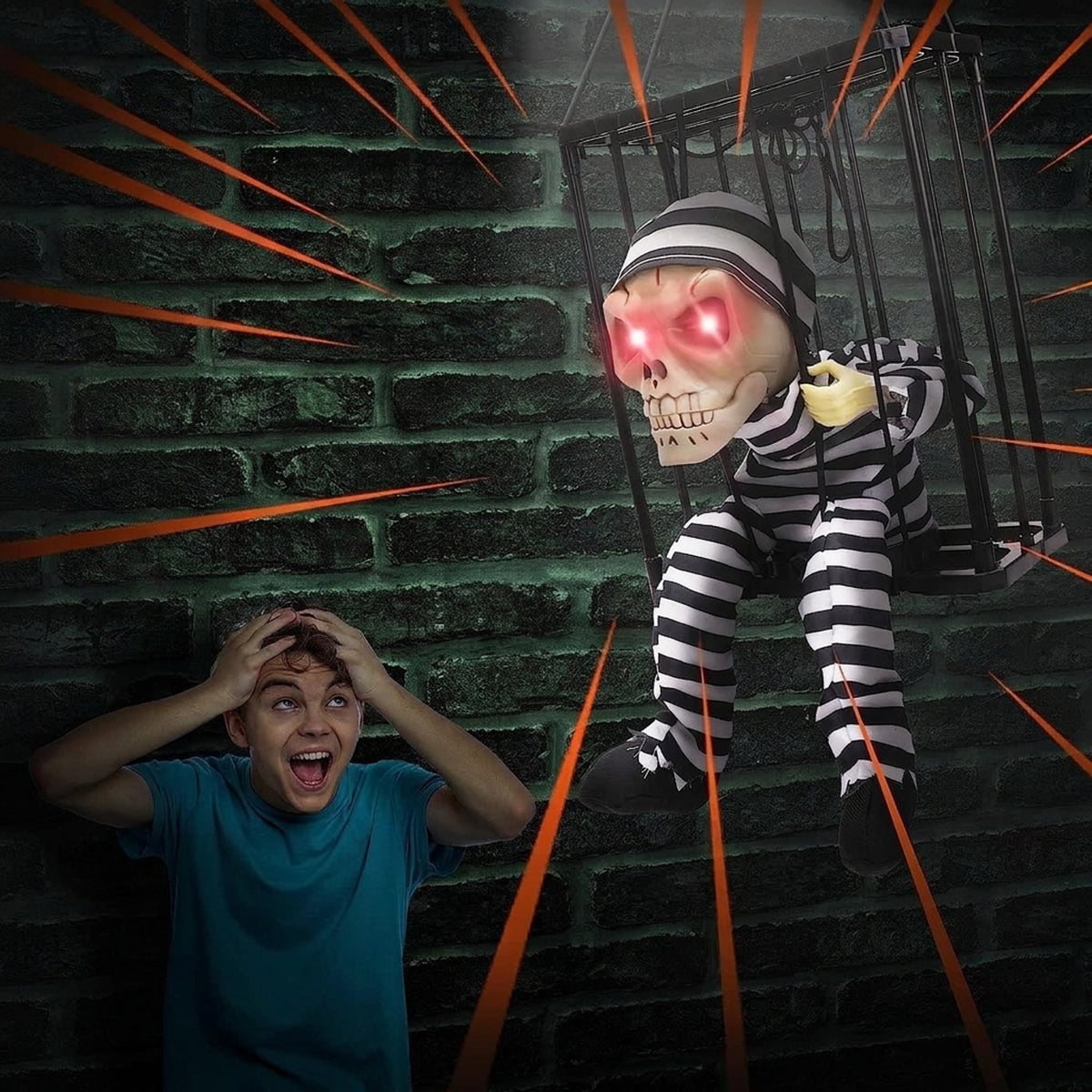 Motion Activated Halloween Decoration Animated Skeleton In Hanging Cage With Glowing Red Eyes Decor - Image 2