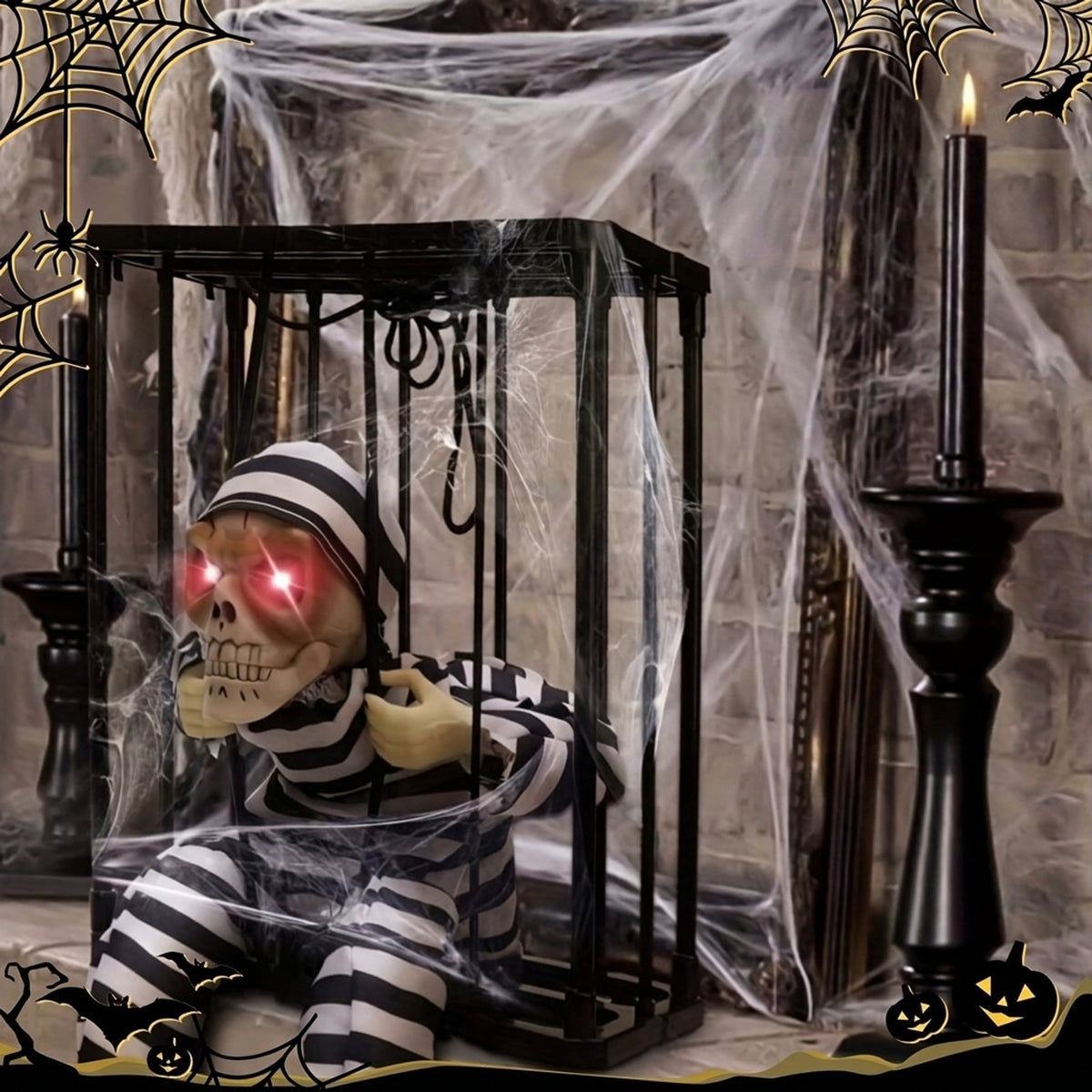 Motion Activated Halloween Decoration Animated Skeleton In Hanging Cage With Glowing Red Eyes Decor - Image 4