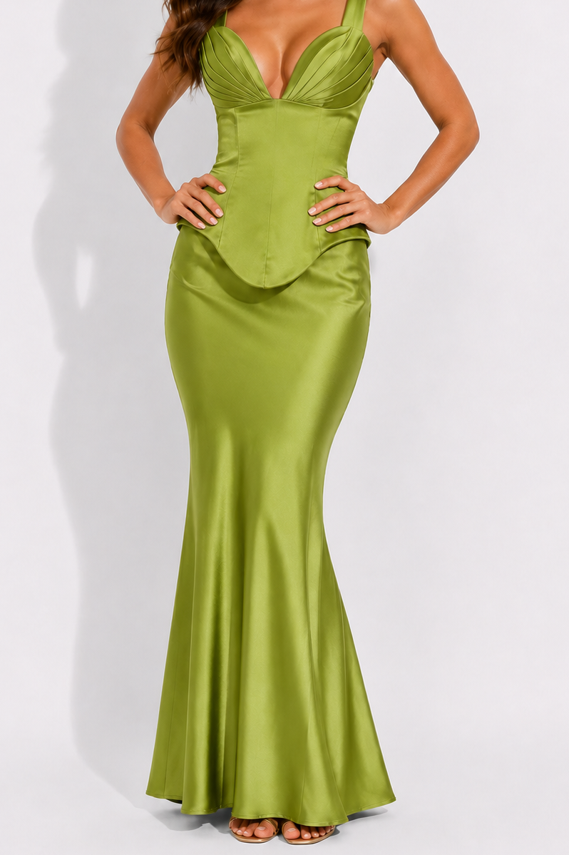 NOVA | Sage Green Wedding Guest Dress Set | Satin Corset Maxi Dress Set