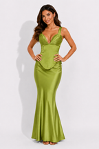 NOVA | Sage Green Wedding Guest Dress Set | Satin Corset Maxi Dress Set
