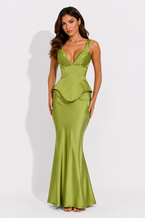 NOVA | Sage Green Wedding Guest Dress Set | Satin Corset Maxi Dress Set