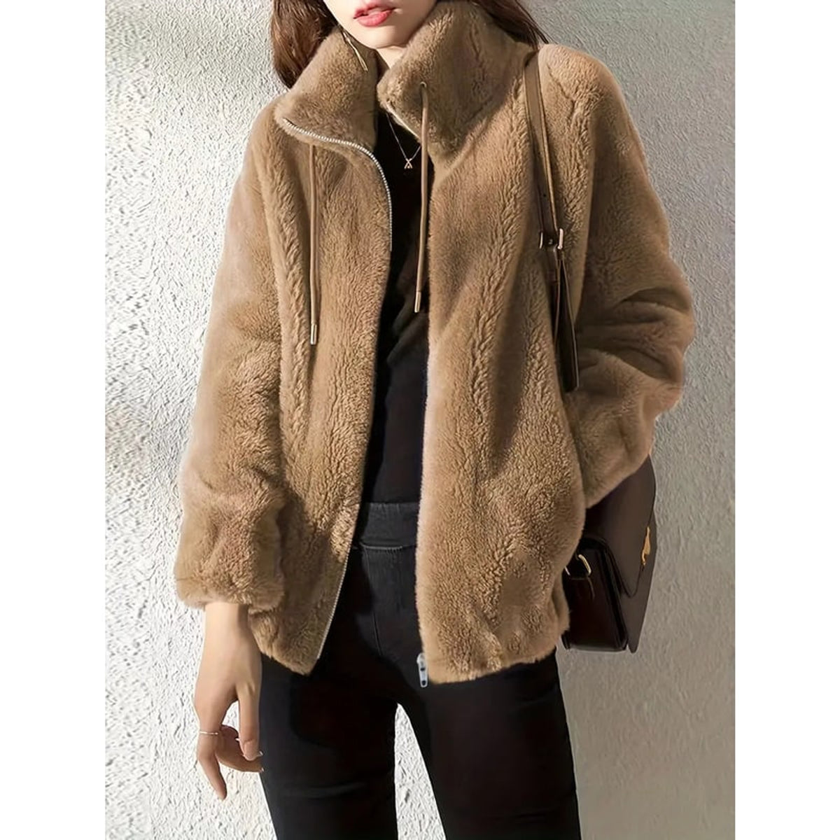 Oversized Fleece Jacket with Zip Front and High Collar - Image 1