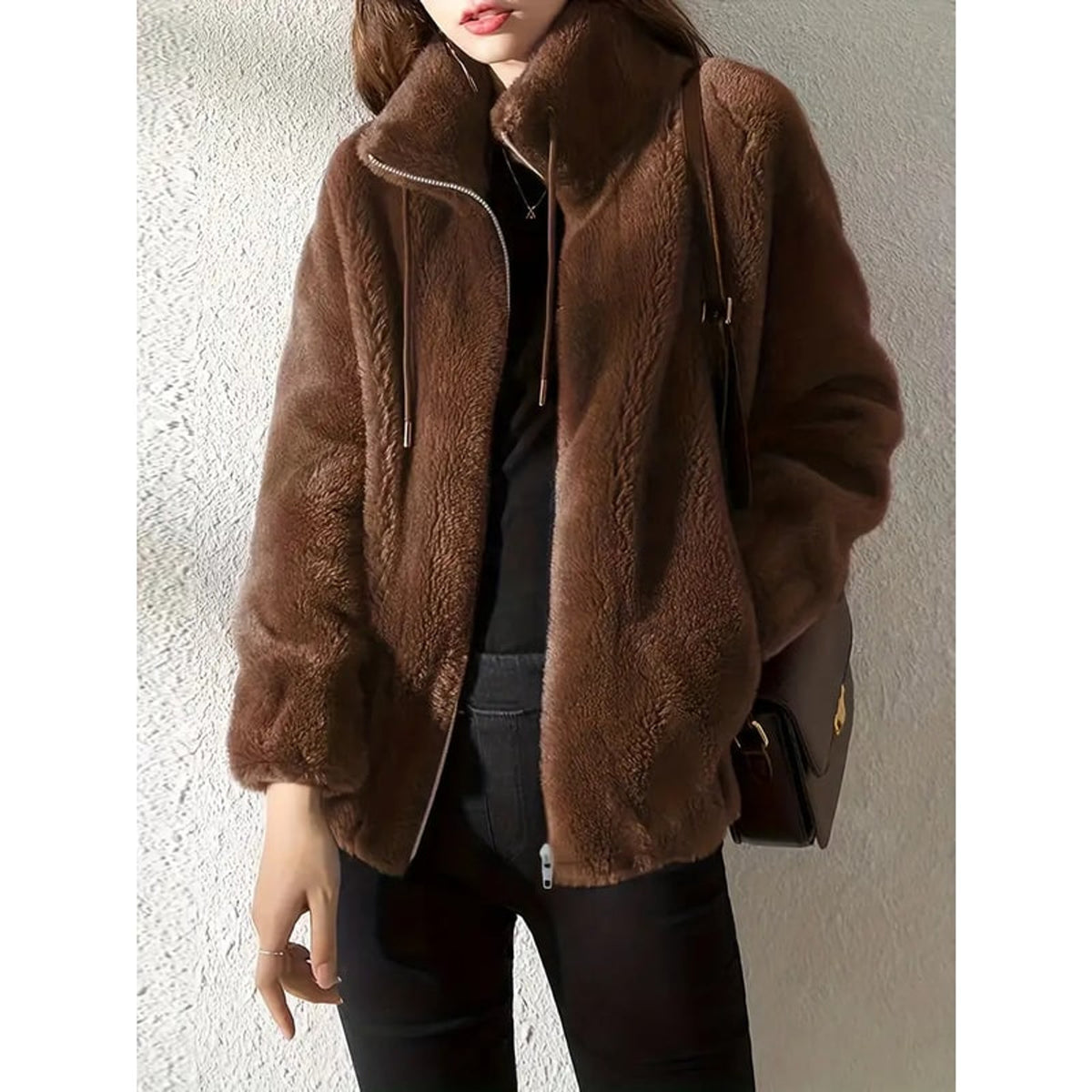 Oversized Fleece Jacket with Zip Front and High Collar - Image 2