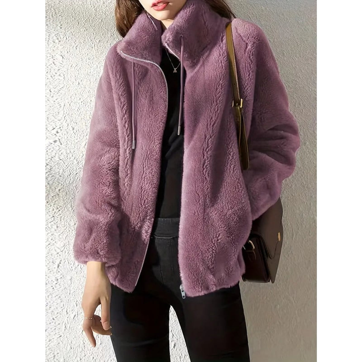 Oversized Fleece Jacket with Zip Front and High Collar - Image 3
