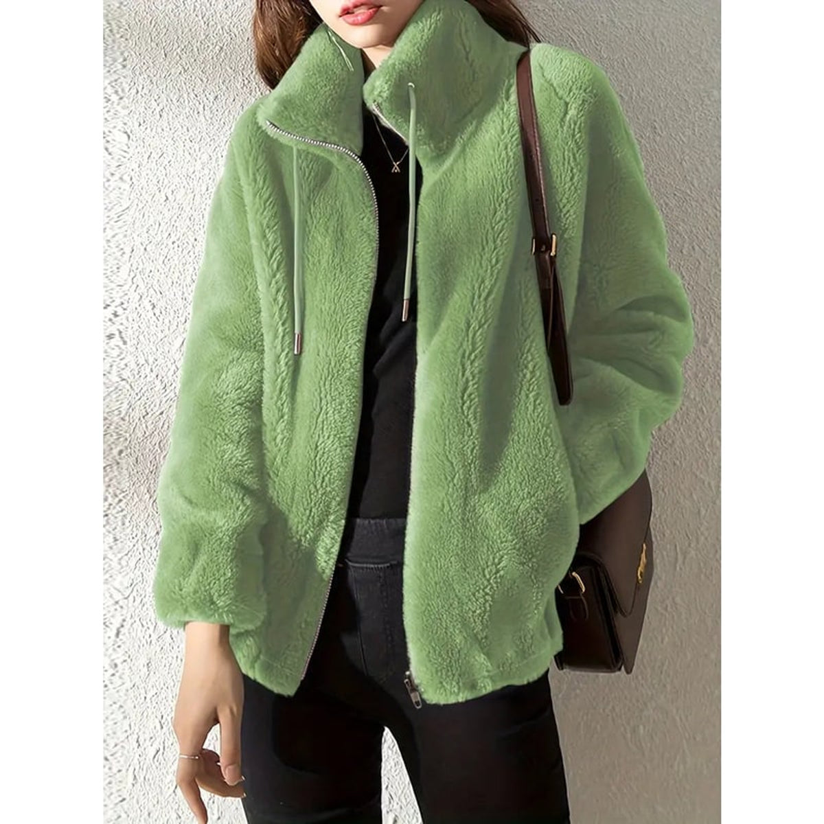 Oversized Fleece Jacket with Zip Front and High Collar - Image 4