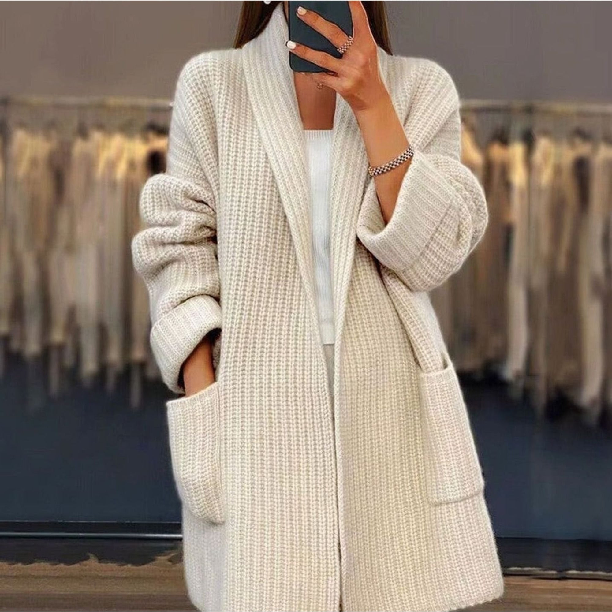 Oversized Knit Cardigan with Relaxed Open Front and Shawl Collar - Image 1