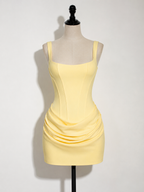 NOVA | Women’s Bodycon Mini Dress Yellow & Pink – Square Neck Sleeveless Party Dress