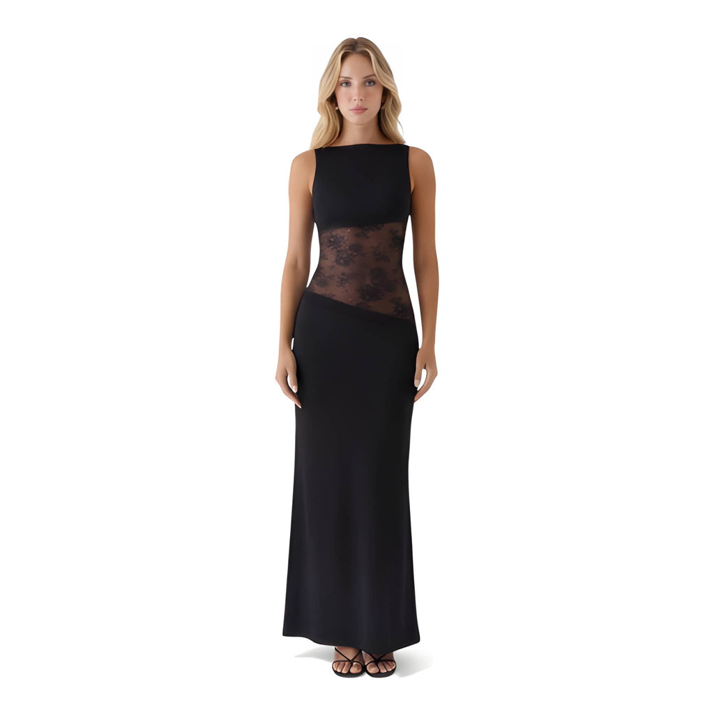 NOVA | Women’s Elegant Maxi Dress with Lace Panel – Sleeveless Fitted Evening & Wedding Guest Dress UK