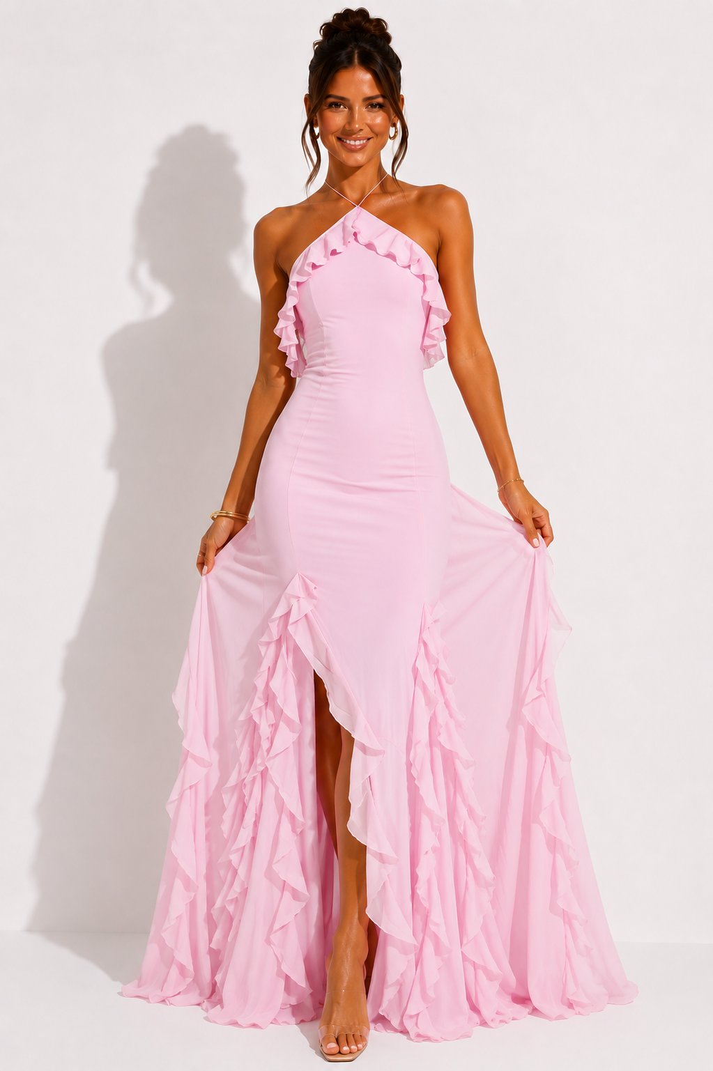 NOVA | Pink Halter Neck Ruffle Maxi Dress – Elegant Wedding Guest & Occasion Dress