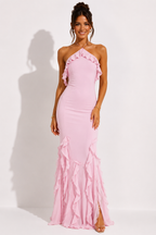 NOVA | Pink Halter Neck Ruffle Maxi Dress – Elegant Wedding Guest & Occasion Dress