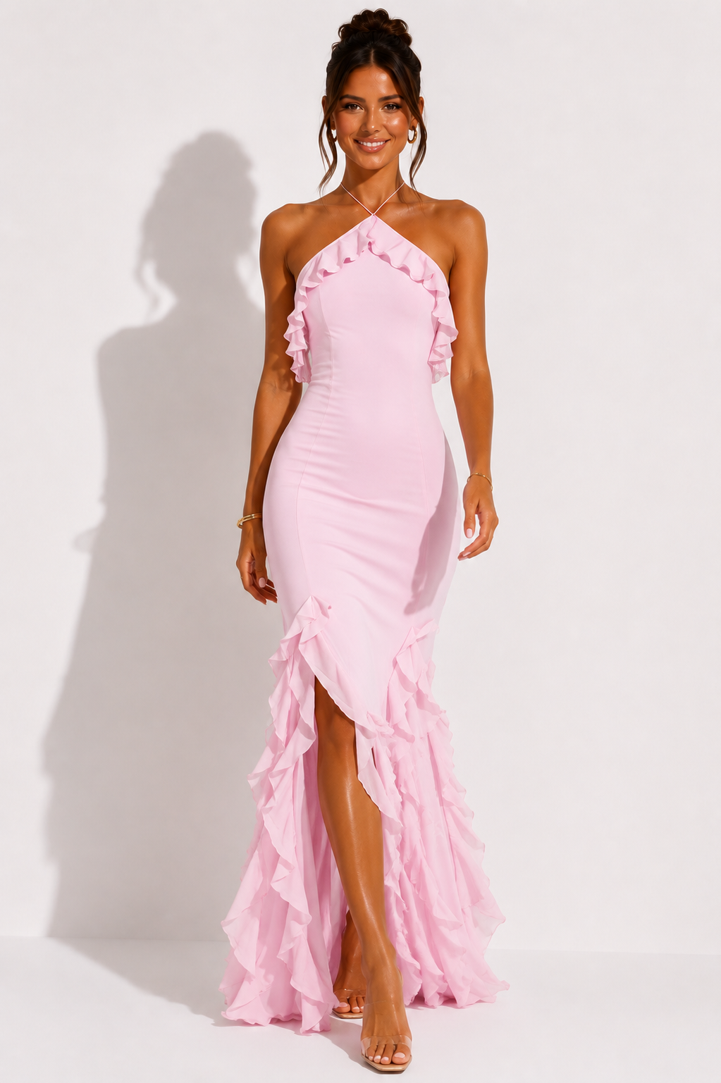 NOVA | Pink Halter Neck Ruffle Maxi Dress – Elegant Wedding Guest & Occasion Dress