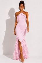 NOVA | Pink Halter Neck Ruffle Maxi Dress – Elegant Wedding Guest & Occasion Dress