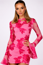 NOVA | Women’s Floral Bodycon Mini Dress – Long Sleeve Flared Sleeve Dress, Wedding Guest & Party Dress