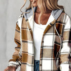 Plaid Shacket with Relaxed Button-Down Fit and Drawstring Hood - Image 1