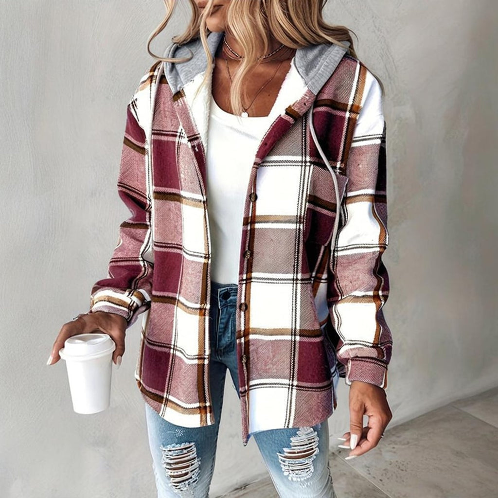 Plaid Shacket with Relaxed Button-Down Fit and Drawstring Hood - Image 5