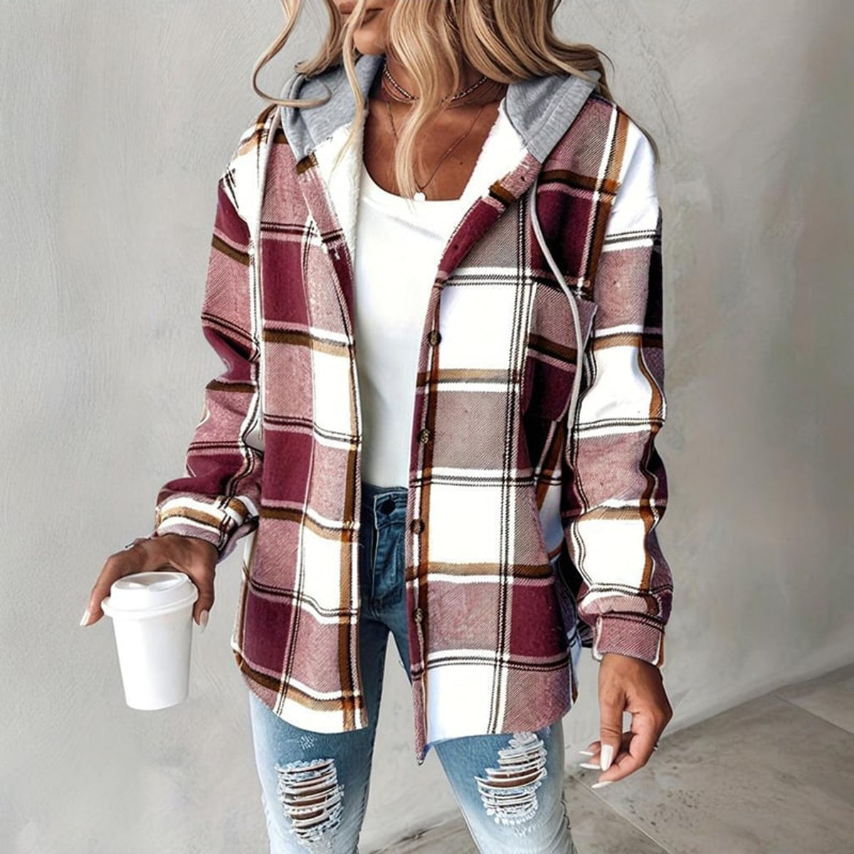 Plaid Shacket with Relaxed Button-Down Fit and Drawstring Hood - Image 5