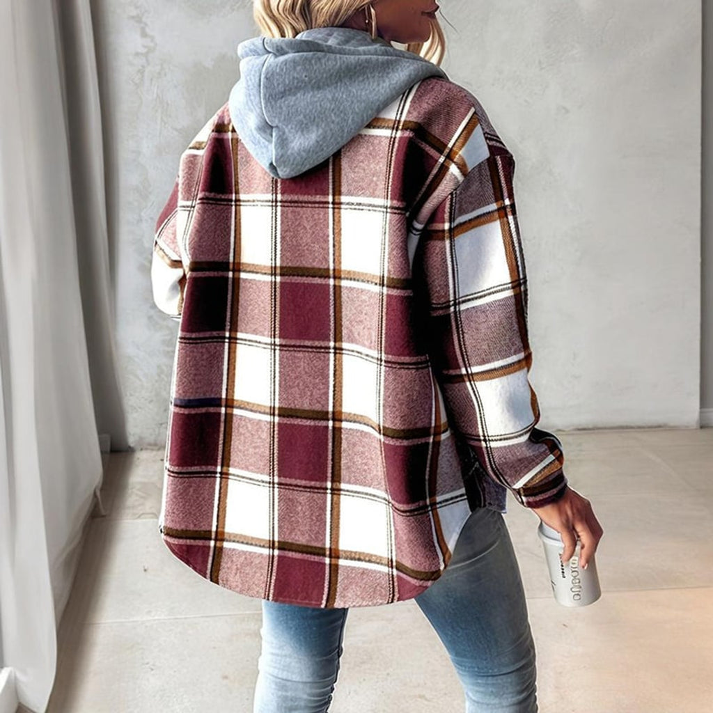 Plaid Shacket with Relaxed Button-Down Fit and Drawstring Hood - Image 2