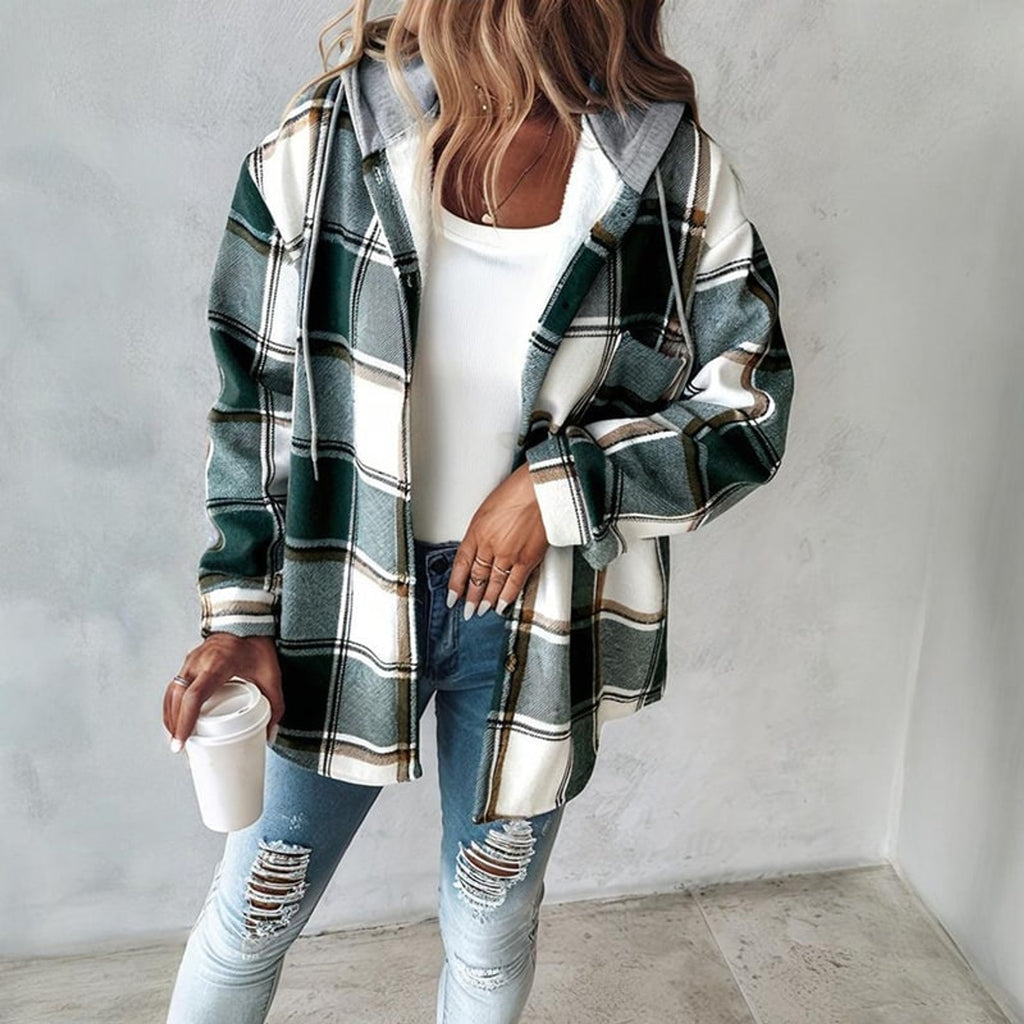 Plaid Shacket with Relaxed Button-Down Fit and Drawstring Hood - Image 11