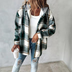Plaid Shacket with Relaxed Button-Down Fit and Drawstring Hood - Image 11