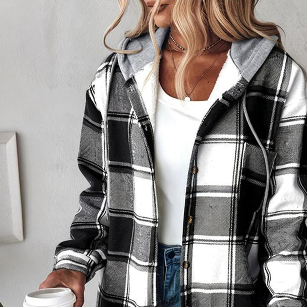 Plaid Shacket with Relaxed Button-Down Fit and Drawstring Hood - Image 10