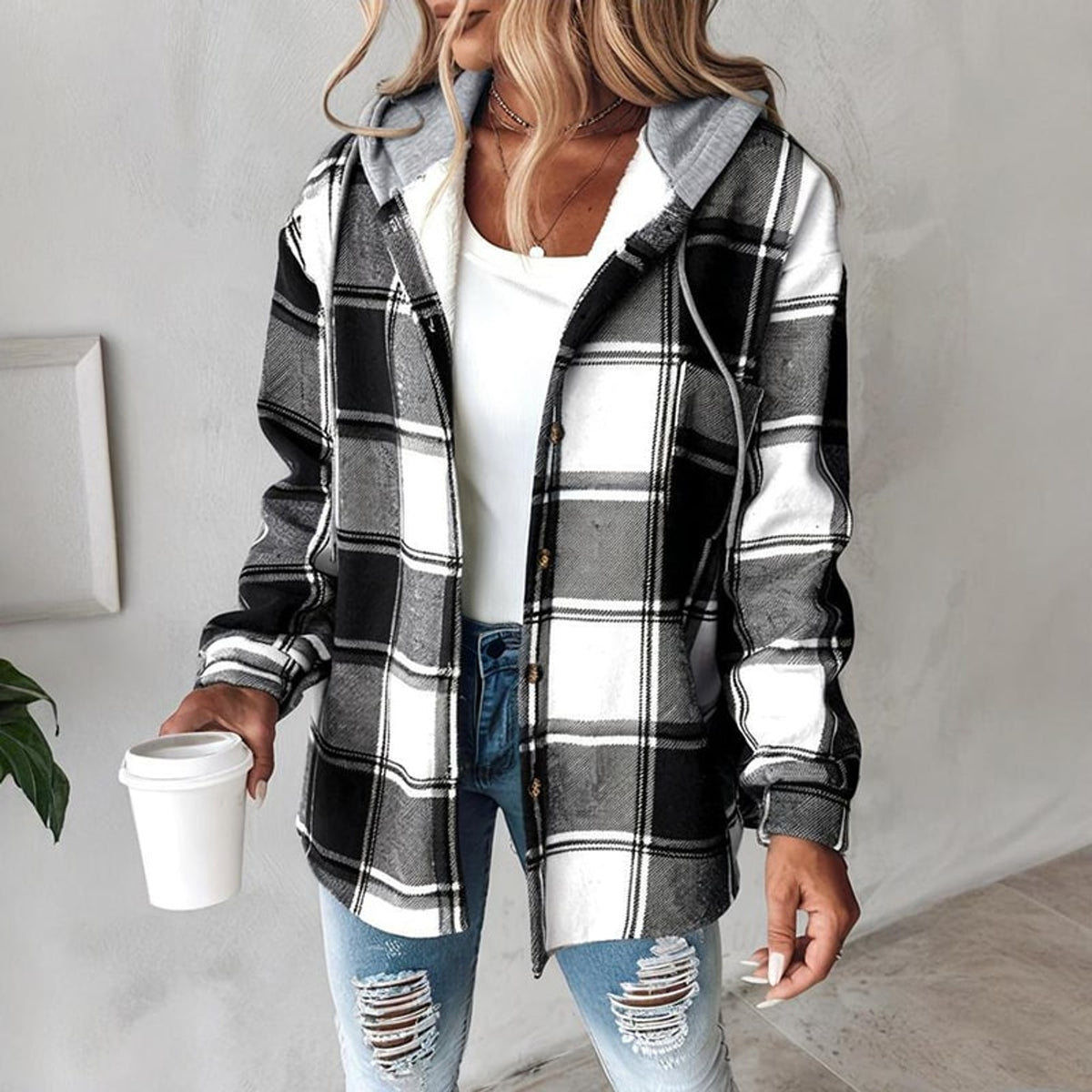Plaid Shacket with Relaxed Button-Down Fit and Drawstring Hood - Image 6