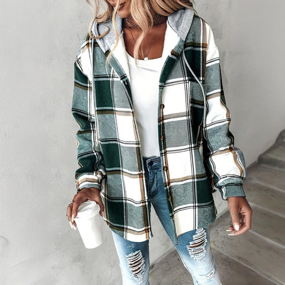 Plaid Shacket with Relaxed Button-Down Fit and Drawstring Hood - Image 8