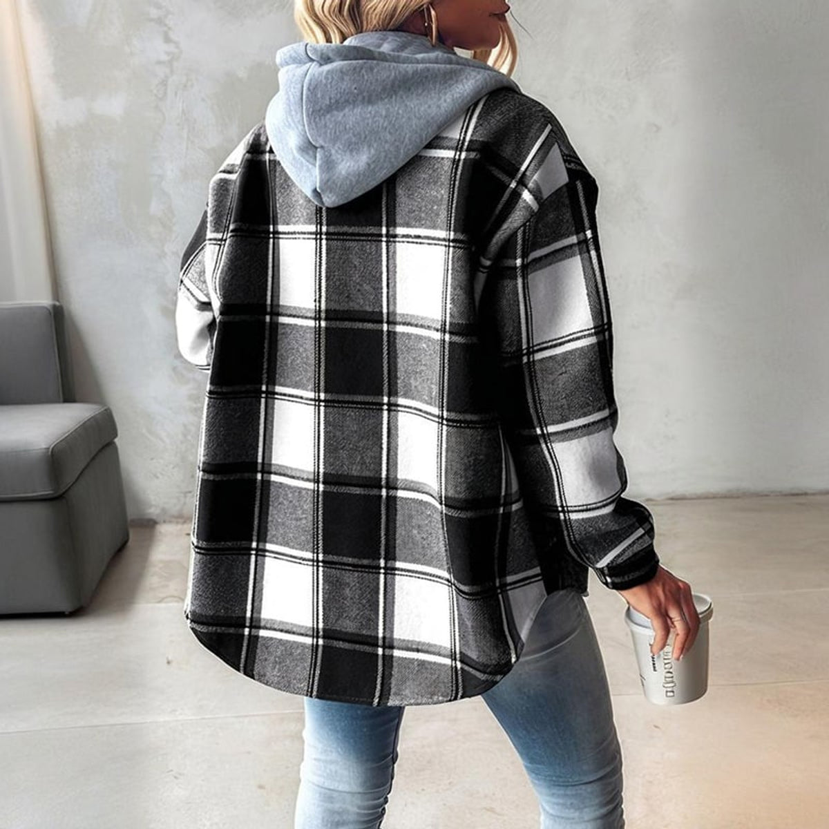 Plaid Shacket with Relaxed Button-Down Fit and Drawstring Hood - Image 13