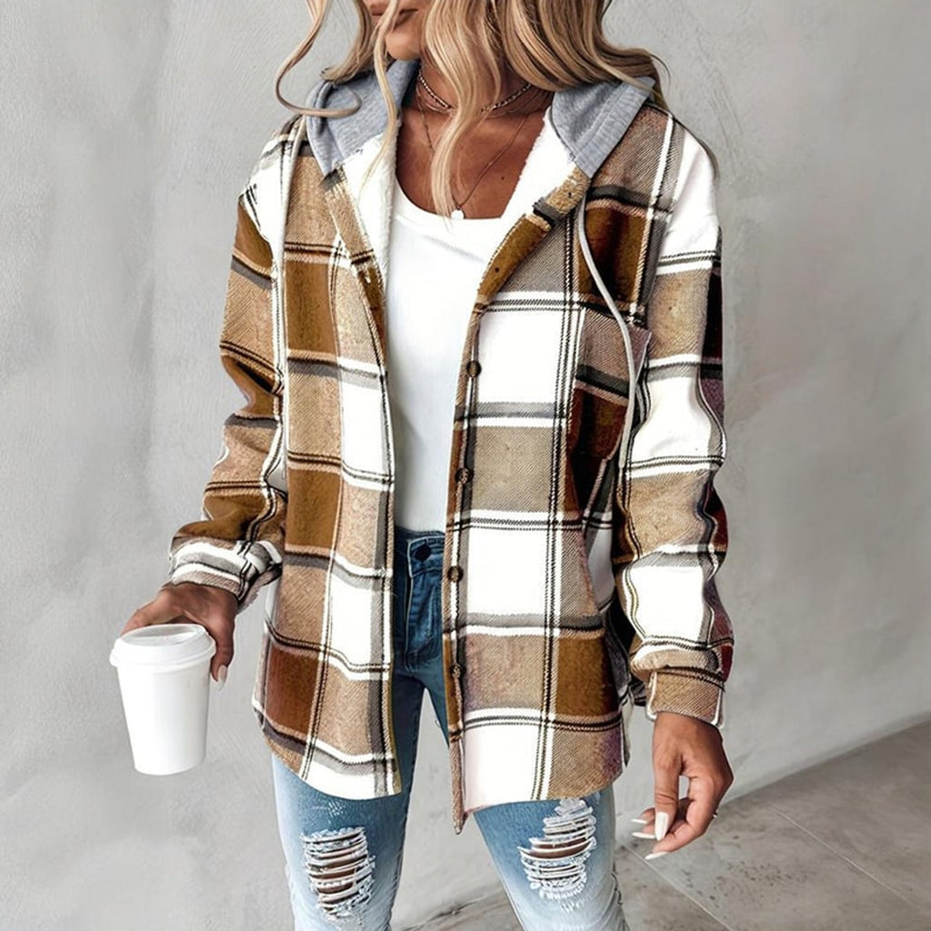 Plaid Shacket with Relaxed Button-Down Fit and Drawstring Hood - Image 14