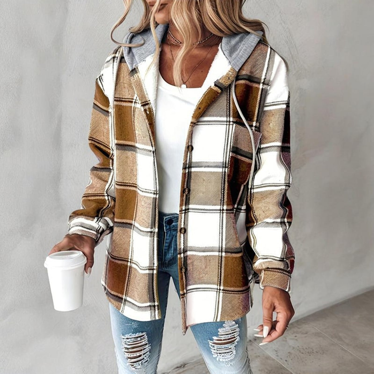 Plaid Shacket with Relaxed Button-Down Fit and Drawstring Hood - Image 14