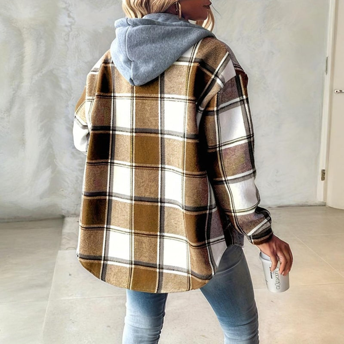Plaid Shacket with Relaxed Button-Down Fit and Drawstring Hood - Image 12