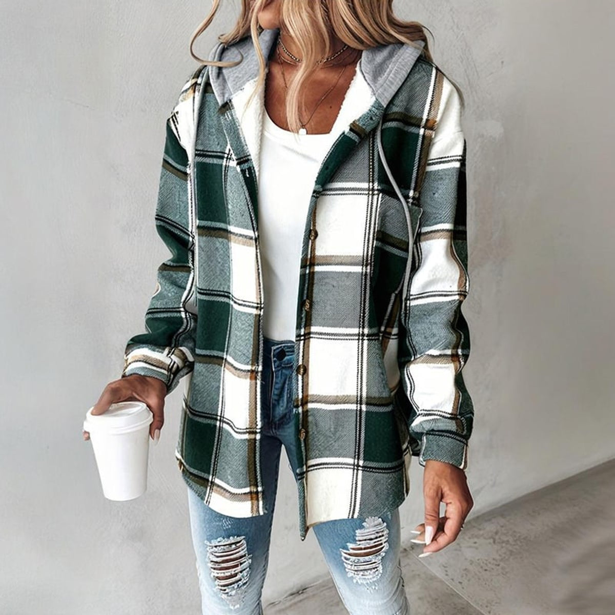Plaid Shacket with Relaxed Button-Down Fit and Drawstring Hood - Image 3