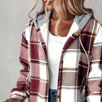 Plaid Shacket with Relaxed Button-Down Fit and Drawstring Hood - Image 9