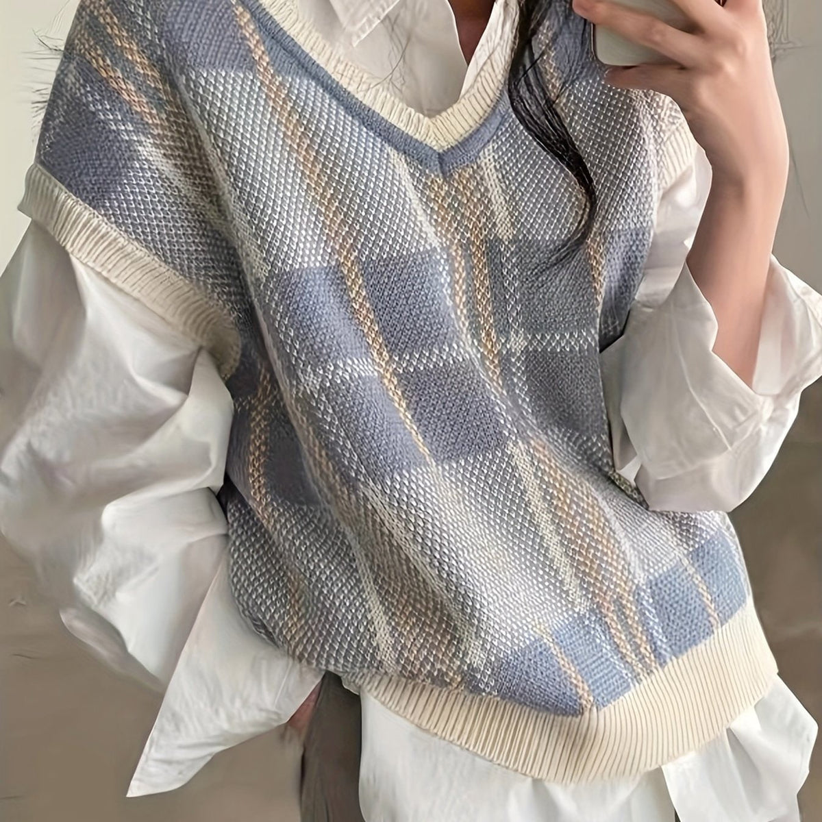 Plaid Sweater Vest with Flattering Fitted Silhouette and V-Neckline - Image 1
