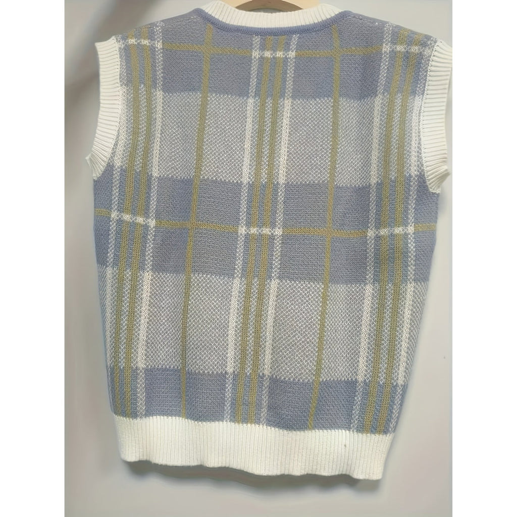 Plaid Sweater Vest with Flattering Fitted Silhouette and V-Neckline - Image 3
