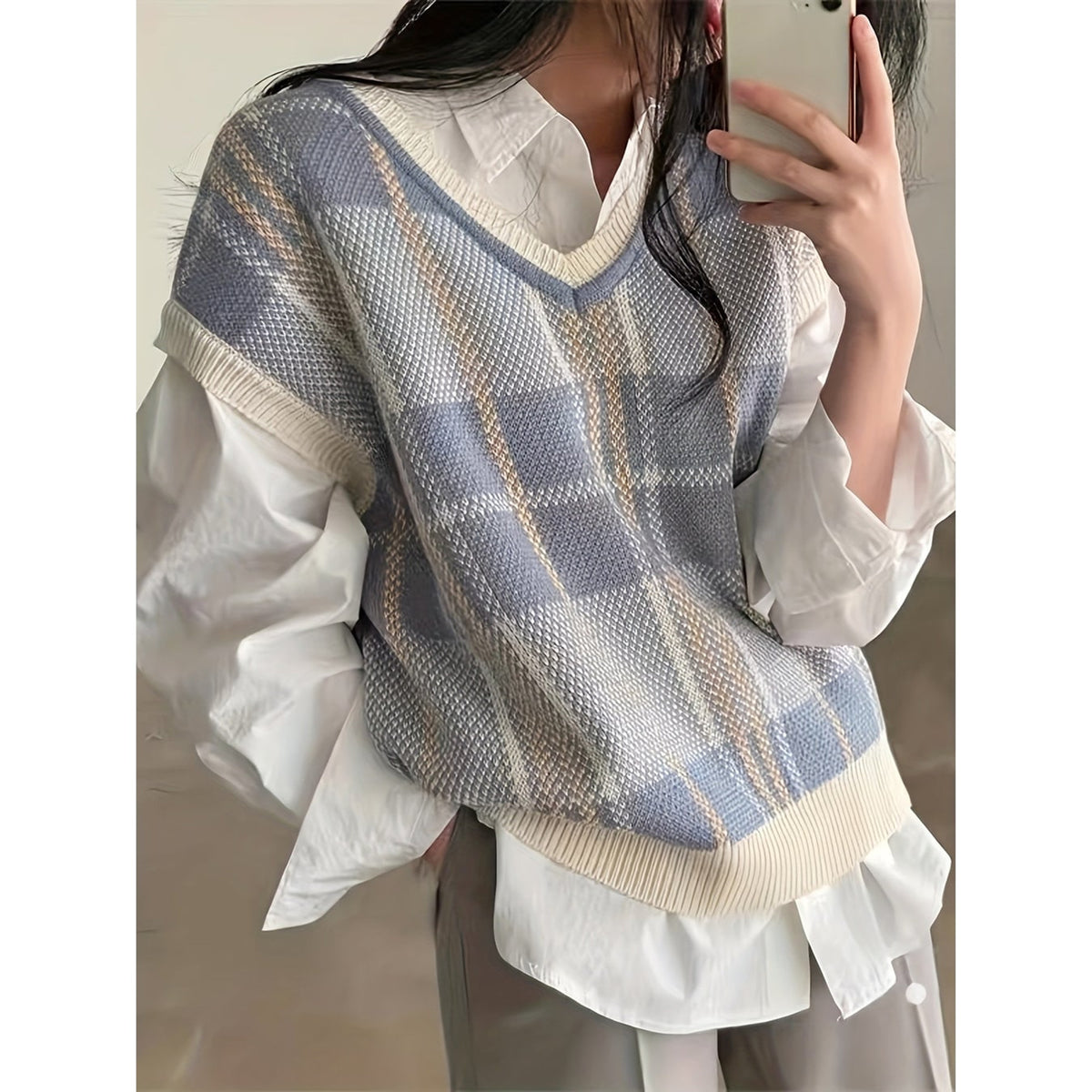 Plaid Sweater Vest with Flattering Fitted Silhouette and V-Neckline - Image 2