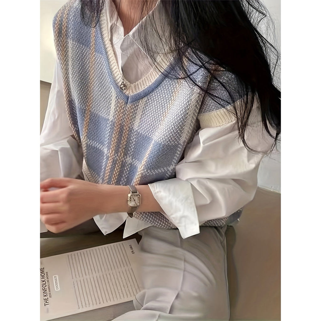 Plaid Sweater Vest with Flattering Fitted Silhouette and V-Neckline - Image 5