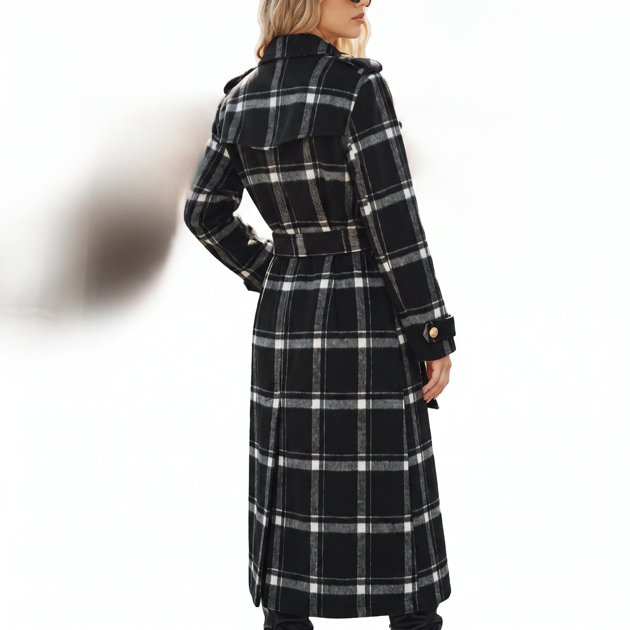 Trench Coat Black Plaid Pattern With Belt - angle