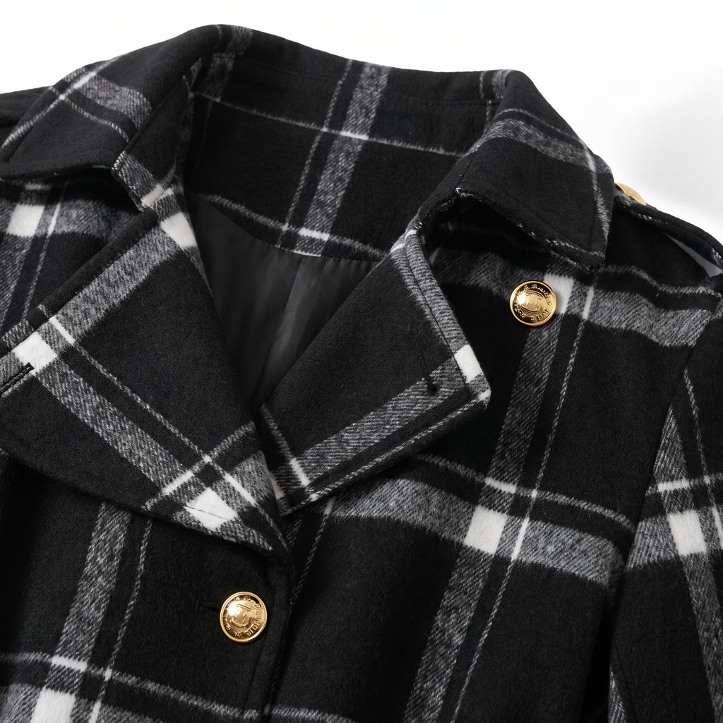 Trench Coat Black Plaid Pattern With Belt - detail