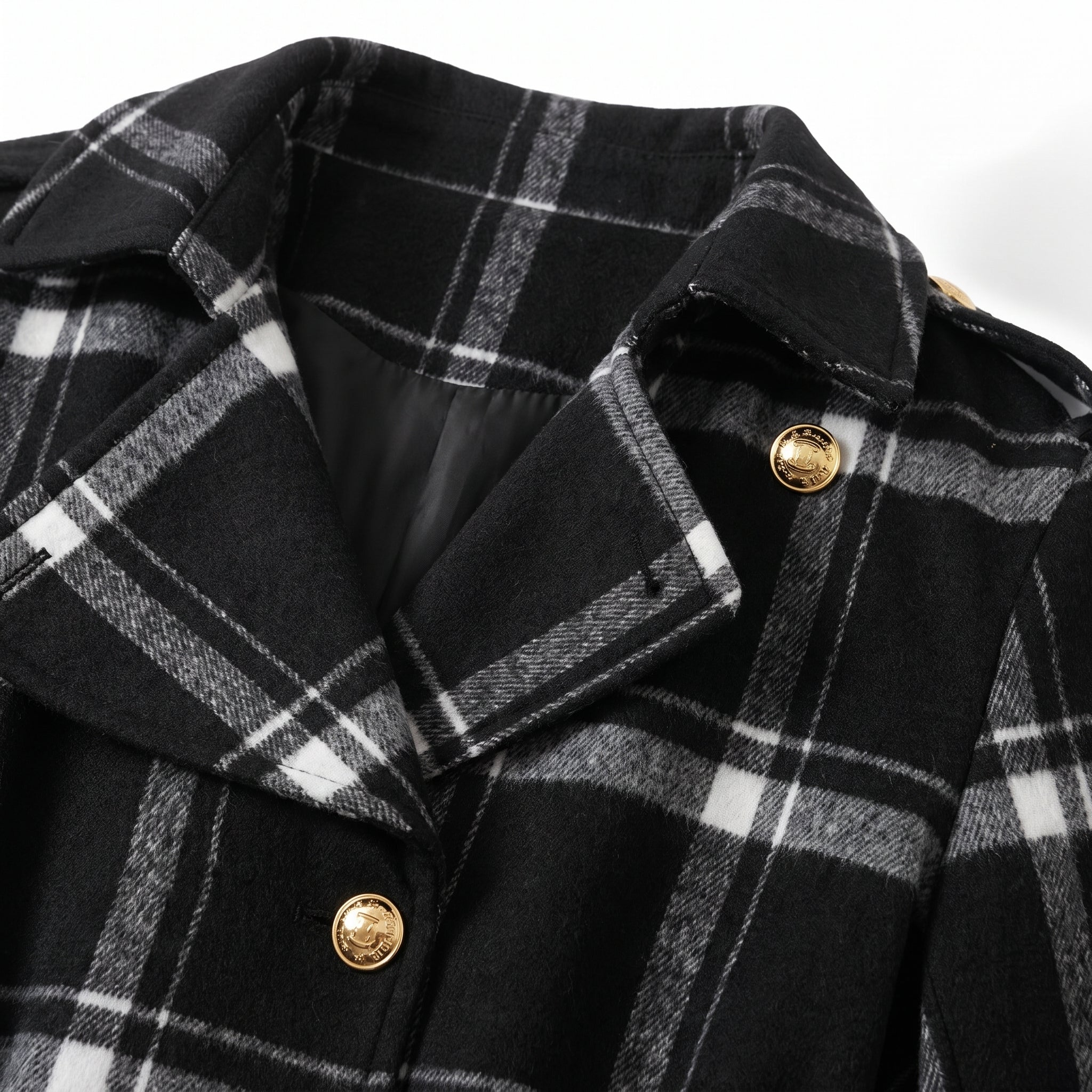 Trench Coat Black Plaid Pattern With Belt - detail
