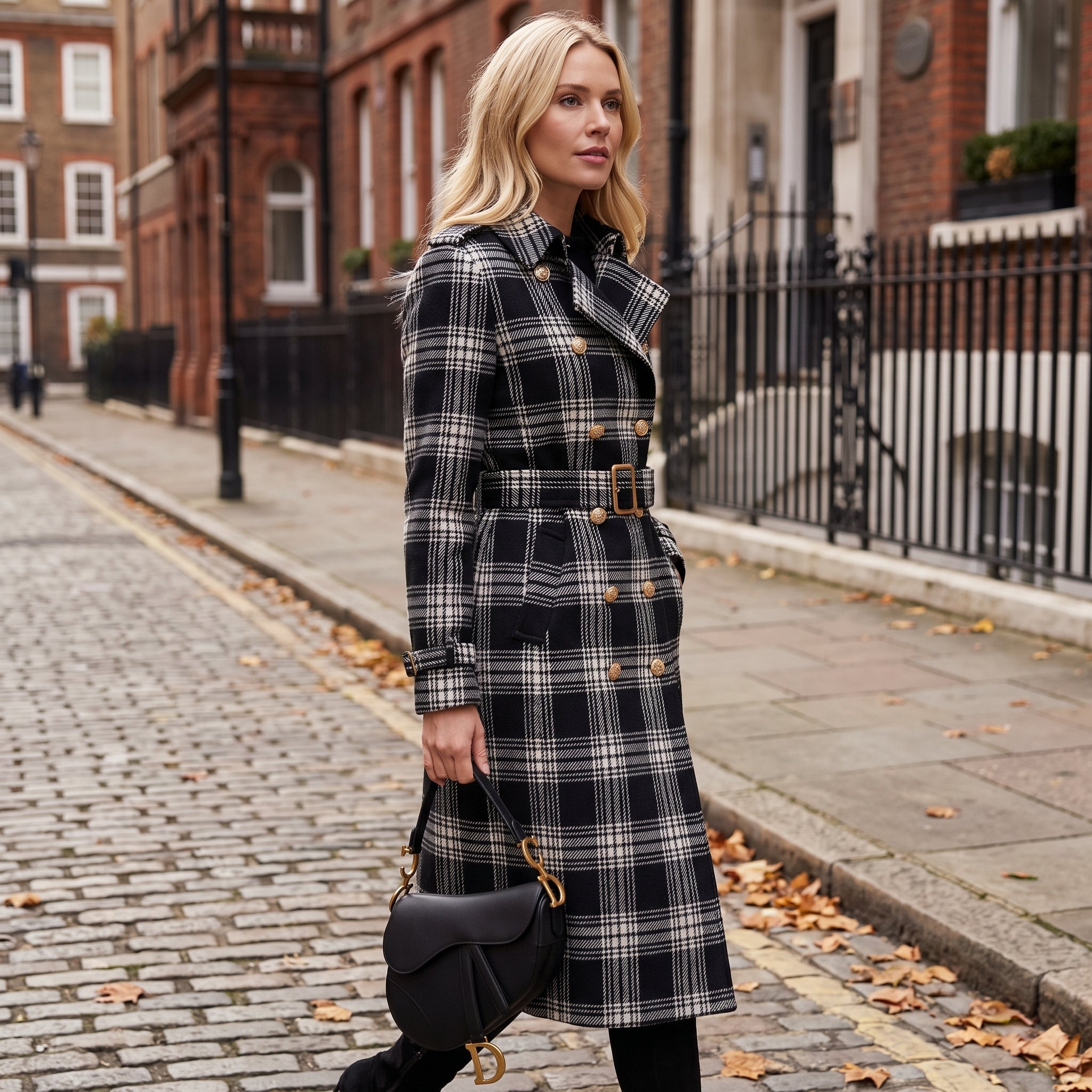 Trench Coat Black Plaid Pattern With Belt - in-use