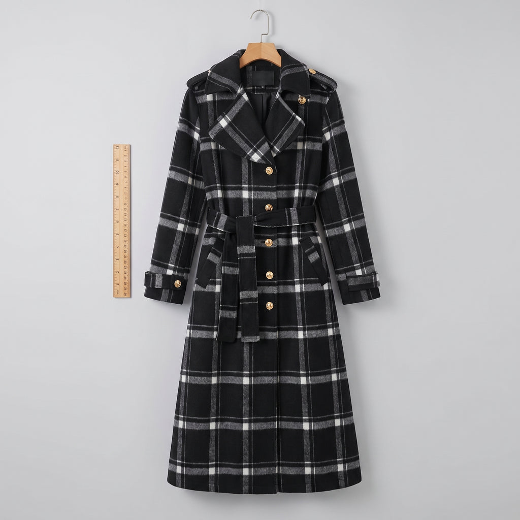 Trench Coat Black Plaid Pattern With Belt - scale