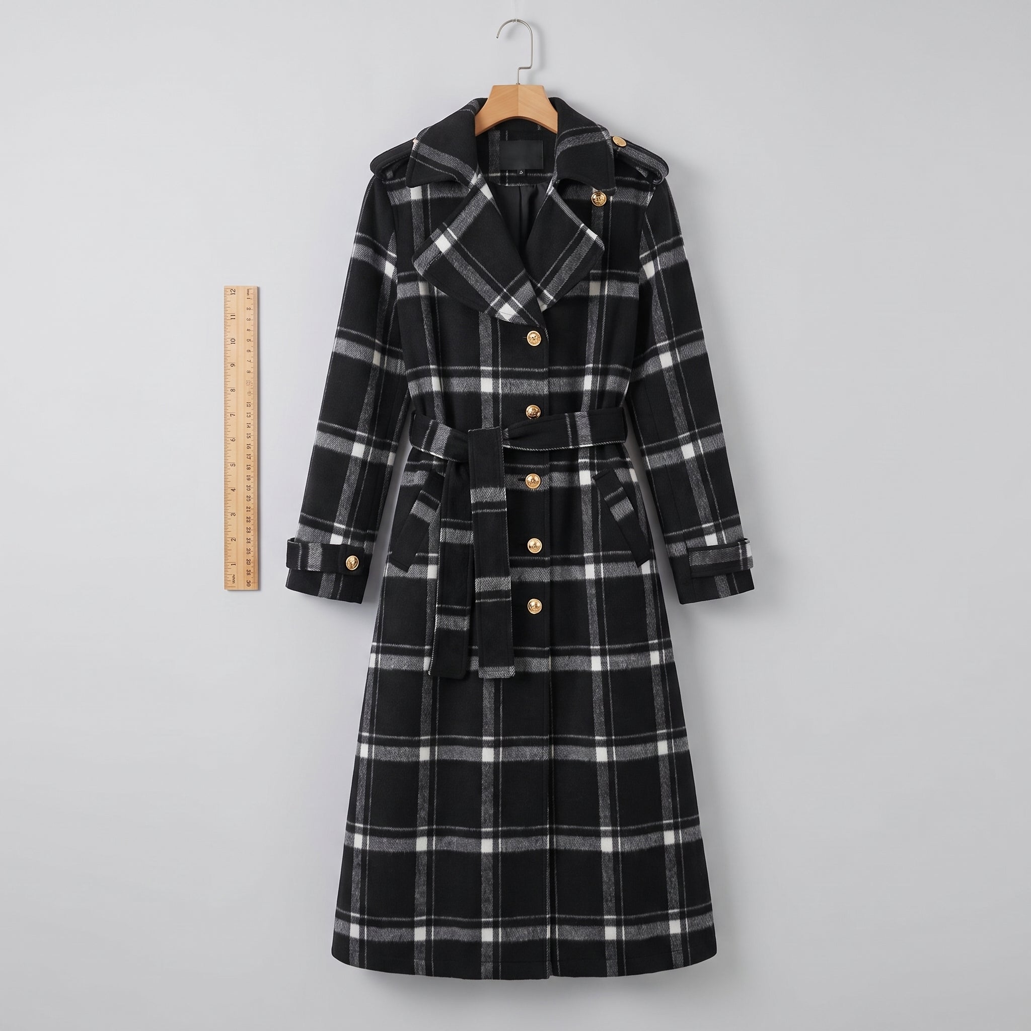 Trench Coat Black Plaid Pattern With Belt - scale