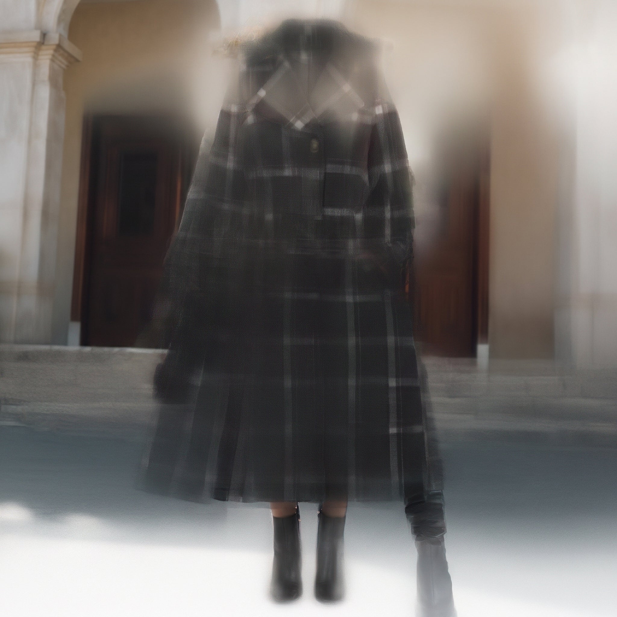 Trench Coat Black Plaid Pattern With Belt - studio