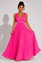 NOVA | Women's Wedding Guest Pleated Maxi Dress with V-Neck