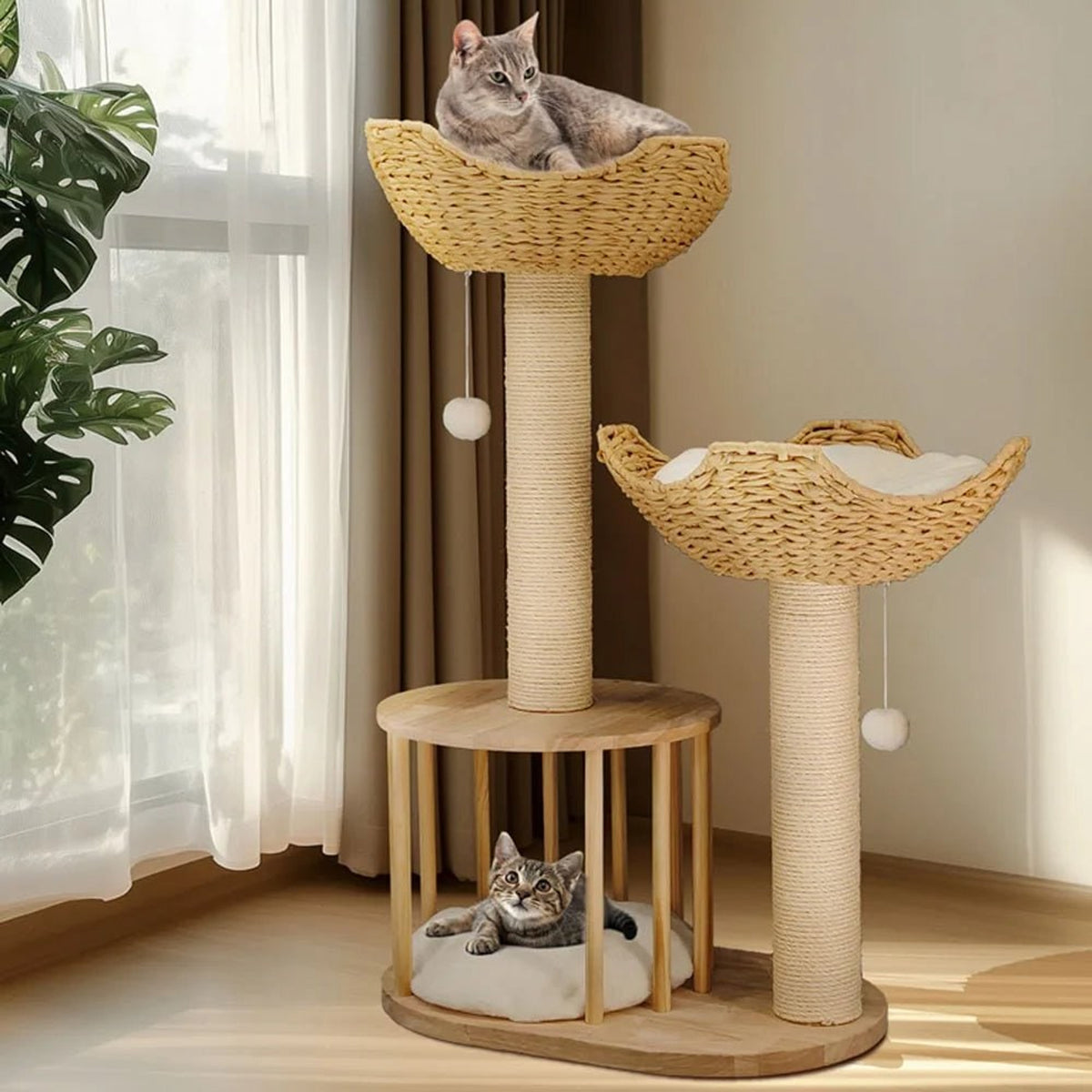Plush Three-Tier Cat Tree With Sisal Scratching Posts And Woven Baskets - Image 2