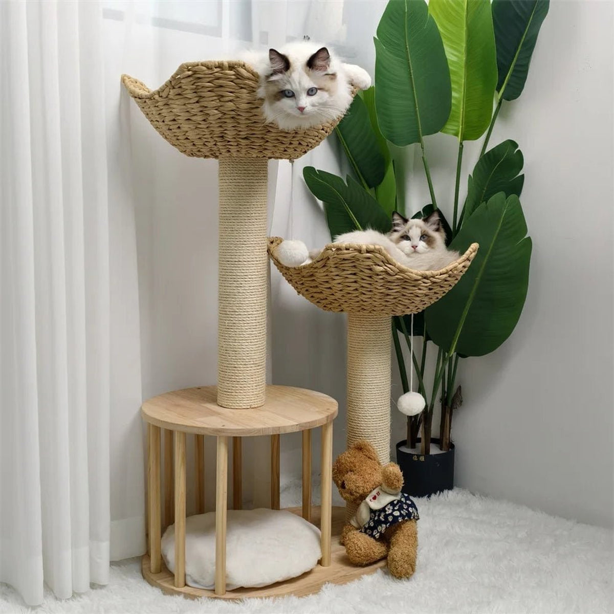 Plush Three-Tier Cat Tree With Sisal Scratching Posts And Woven Baskets - Image 4