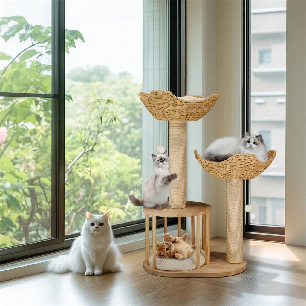 Plush Three-Tier Cat Tree With Sisal Scratching Posts And Woven Baskets - Image 6