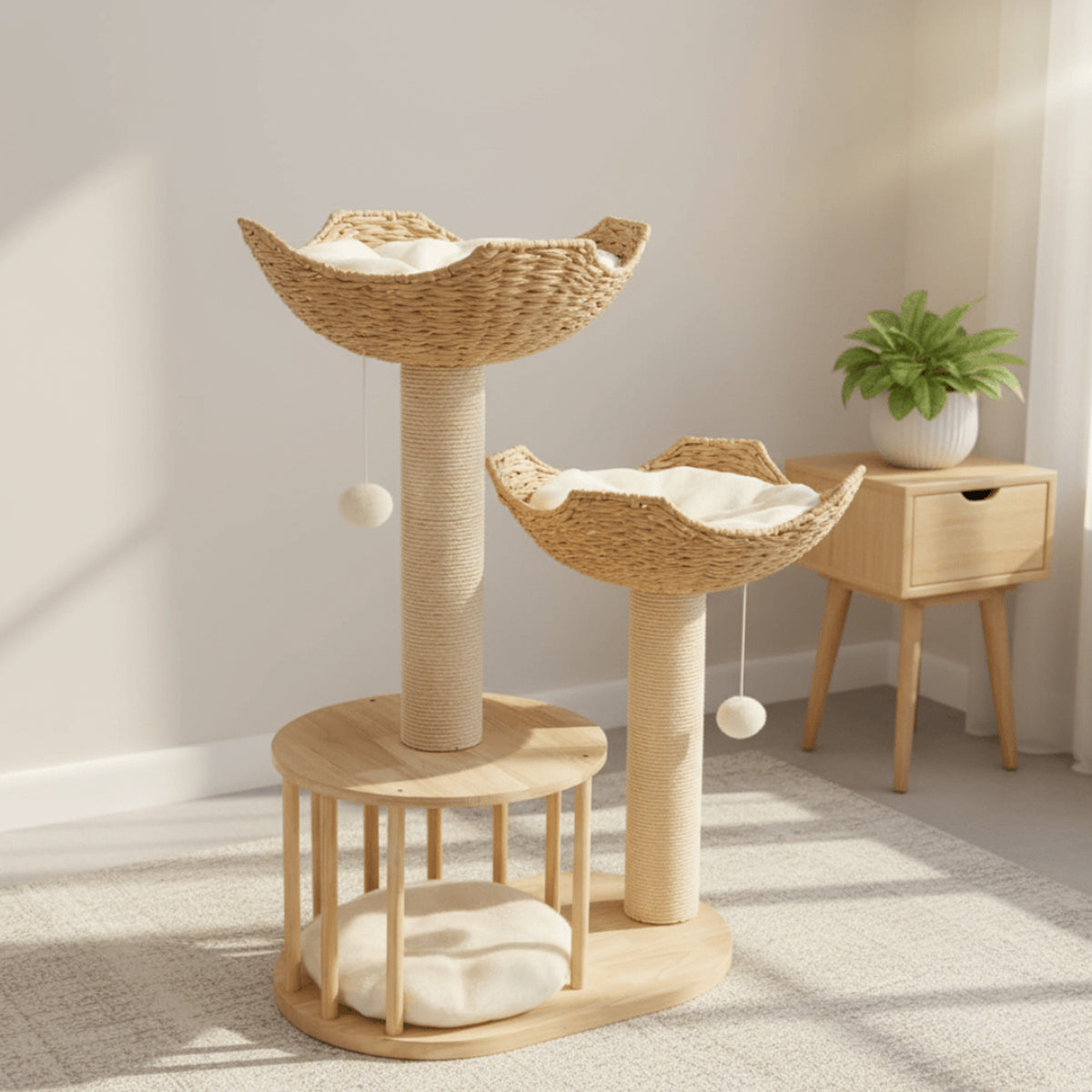 Plush Three-Tier Cat Tree With Sisal Scratching Posts And Woven Baskets - Image 1