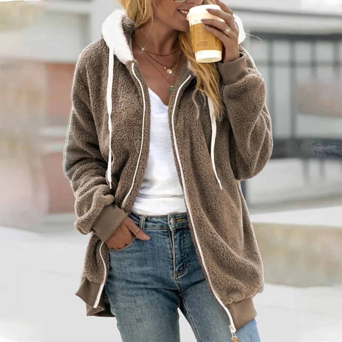 Plush Zip Up Hoodie with Relaxed Loose Fit and Hood - Image 3
